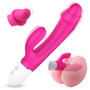 Hardin rabbit vibrator in rose red, flexible silicone ears and textured shaft